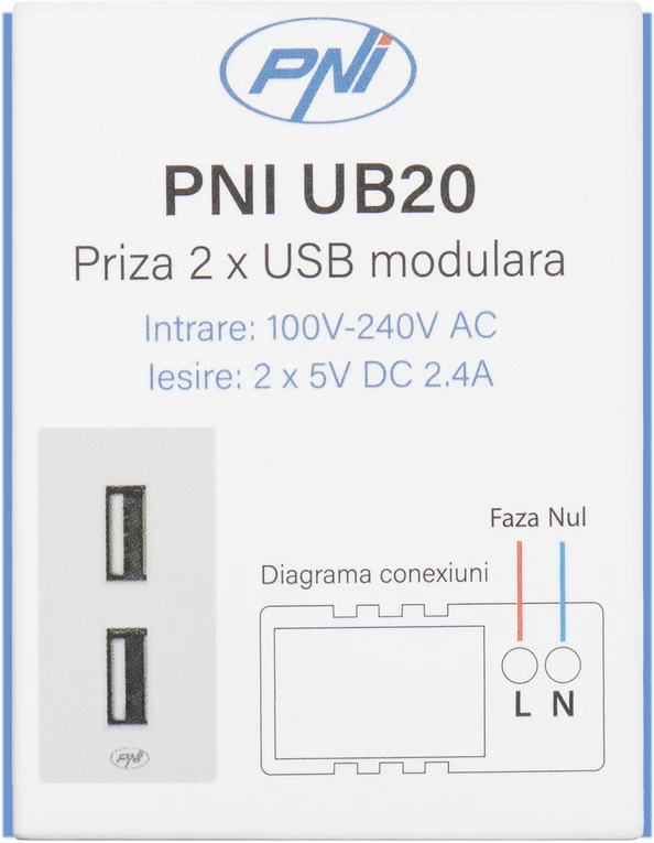 Dvigubas USB lizdas PNI UB20, 5V, 2.4A, modulinis, įmontuojamas, F tipo 1/2, stikliniam rėmeliui RM101W, RM202W