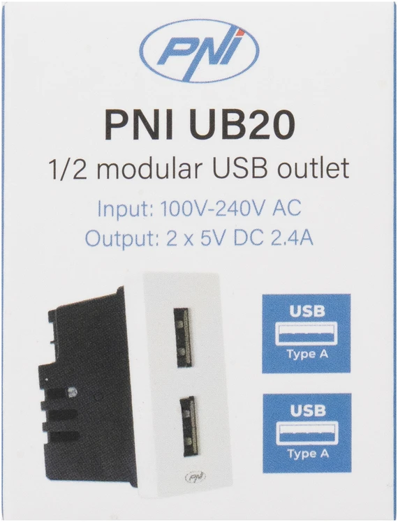 Dvigubas USB lizdas PNI UB20, 5V, 2.4A, modulinis, įmontuojamas, F tipo 1/2, stikliniam rėmeliui RM101W, RM202W
