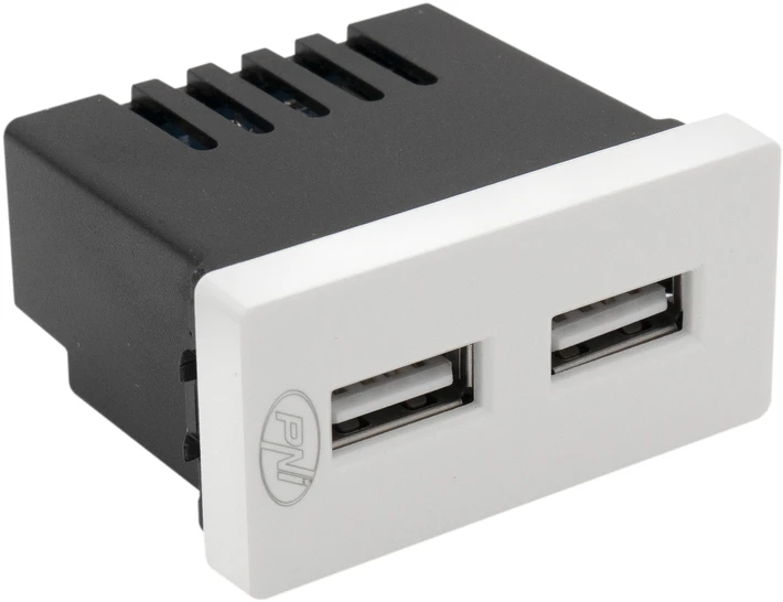 Dvigubas USB lizdas PNI UB20, 5V, 2.4A, modulinis, įmontuojamas, F tipo 1/2, stikliniam rėmeliui RM101W, RM202W