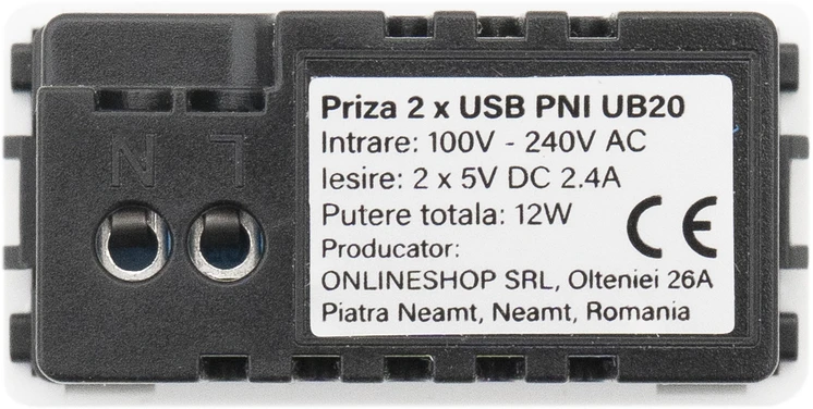Dvigubas USB lizdas PNI UB20, 5V, 2.4A, modulinis, įmontuojamas, F tipo 1/2, stikliniam rėmeliui RM101W, RM202W