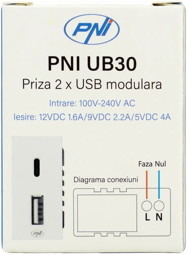 Dvigubas USB lizdas PNI UB30, 5V, 2.4A, modulinis, įmontuojamas