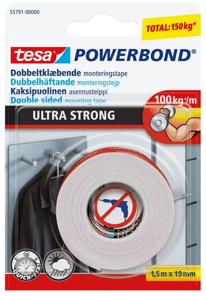 Lipni dvipusė juosta lauko/vidaus darbams TESA ULTRA STRONG 1.5 m x 19mm 55791-00003-01