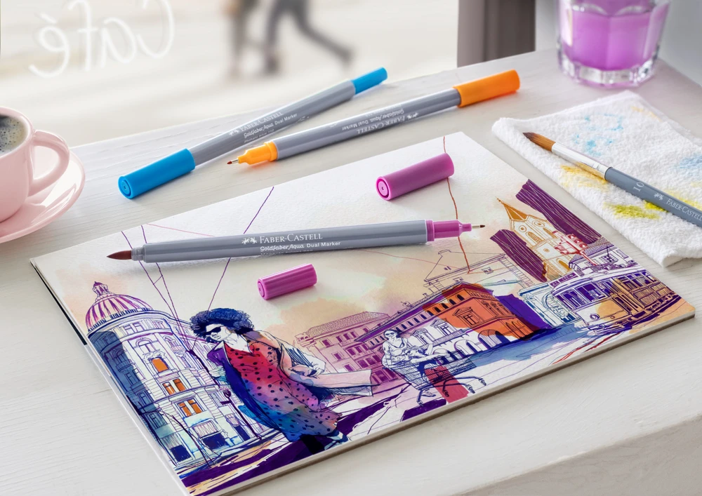 Dvipusiai rašikliai piešimui, akvareliniai, Faber-Castell Gofa Aqua, 12 spalvų