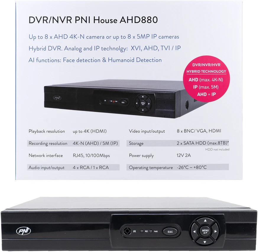DVR/NVR PNI House AHD880, 8 analoginiai kanalai 4K-N arba 8 IP kanalai 5MP, H265+, garso įvestis, garso išvestis, USB2.0, 2 x SATA maks. 8TB