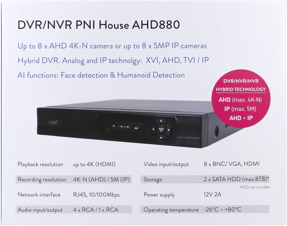 DVR/NVR PNI House AHD880, 8 analoginiai kanalai 4K-N arba 8 IP kanalai 5MP, H265+, garso įvestis, garso išvestis, USB2.0, 2 x SATA maks. 8TB