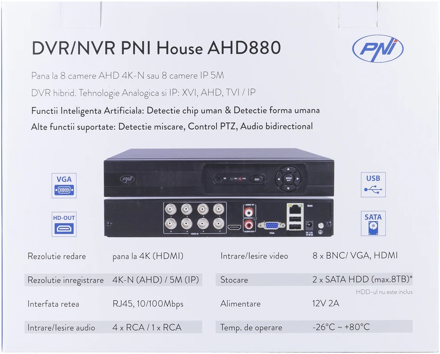 DVR/NVR PNI House AHD880, 8 analoginiai kanalai 4K-N arba 8 IP kanalai 5MP, H265+, garso įvestis, garso išvestis, USB2.0, 2 x SATA maks. 8TB