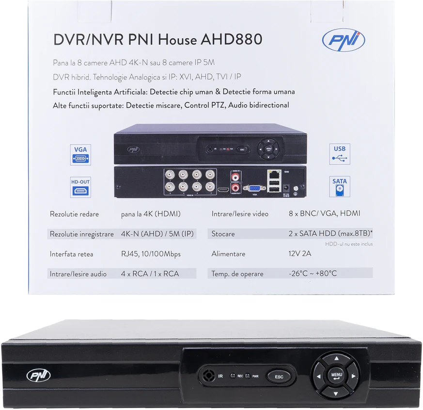 DVR/NVR PNI House AHD880, 8 analoginiai kanalai 4K-N arba 8 IP kanalai 5MP, H265+, garso įvestis, garso išvestis, USB2.0, 2 x SATA maks. 8TB