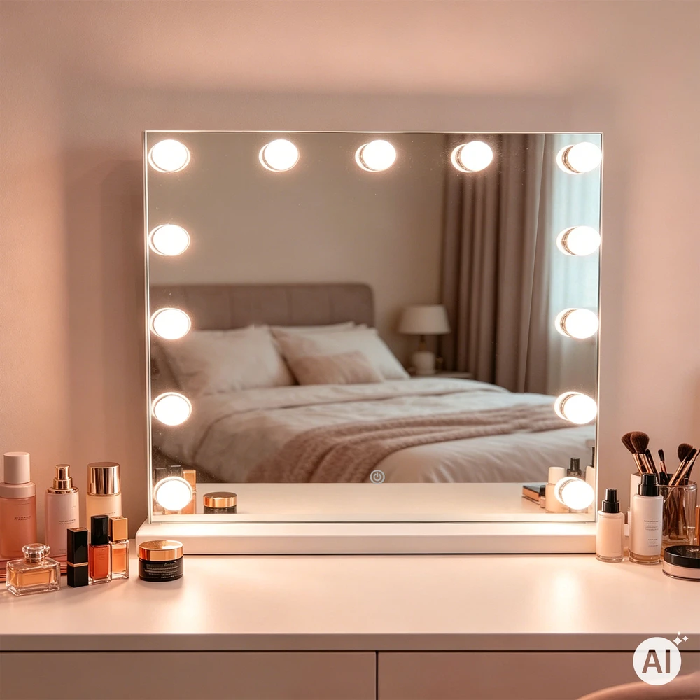 Ecotoys LED makiažo veidrodis 50×40 cm kosmetinis su apšvietimu 3 spalvos 13 lempučių ModernHome