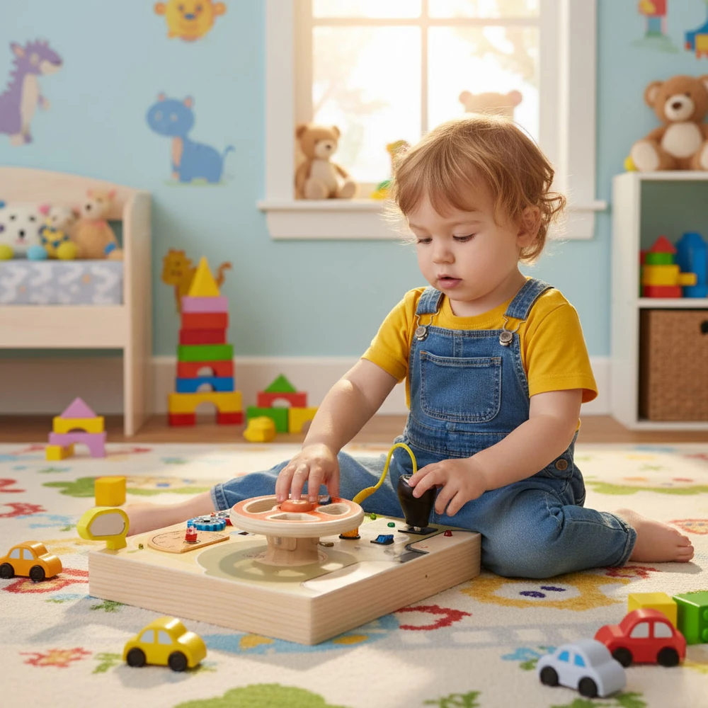 Ecotoys Medinė LED sensorinė lavinamoji lenta vaikams, edukacinis skydelis su automobilio vairu, 14 dalių