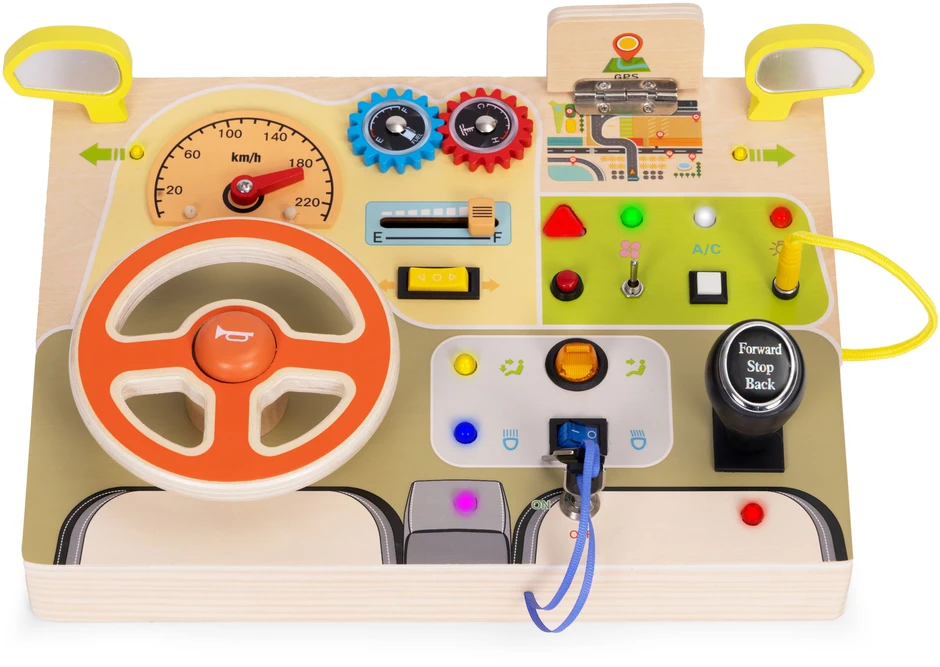 Ecotoys Medinė LED sensorinė lavinamoji lenta vaikams, edukacinis skydelis su automobilio vairu, 14 dalių