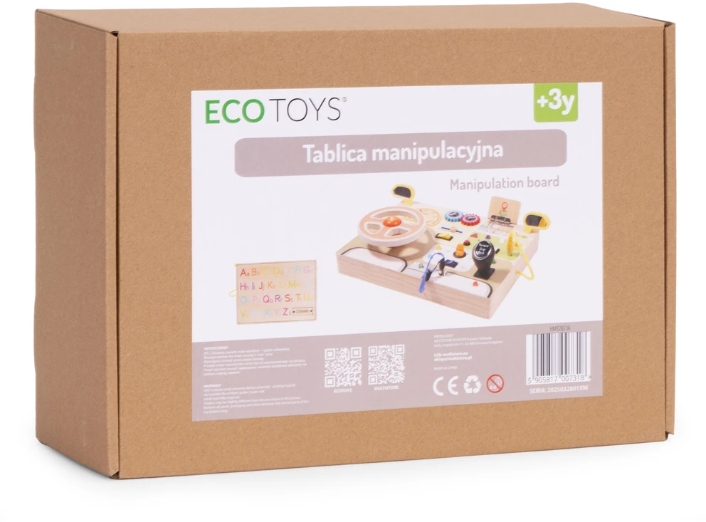 Ecotoys Medinė LED sensorinė lavinamoji lenta vaikams, edukacinis skydelis su automobilio vairu, 14 dalių
