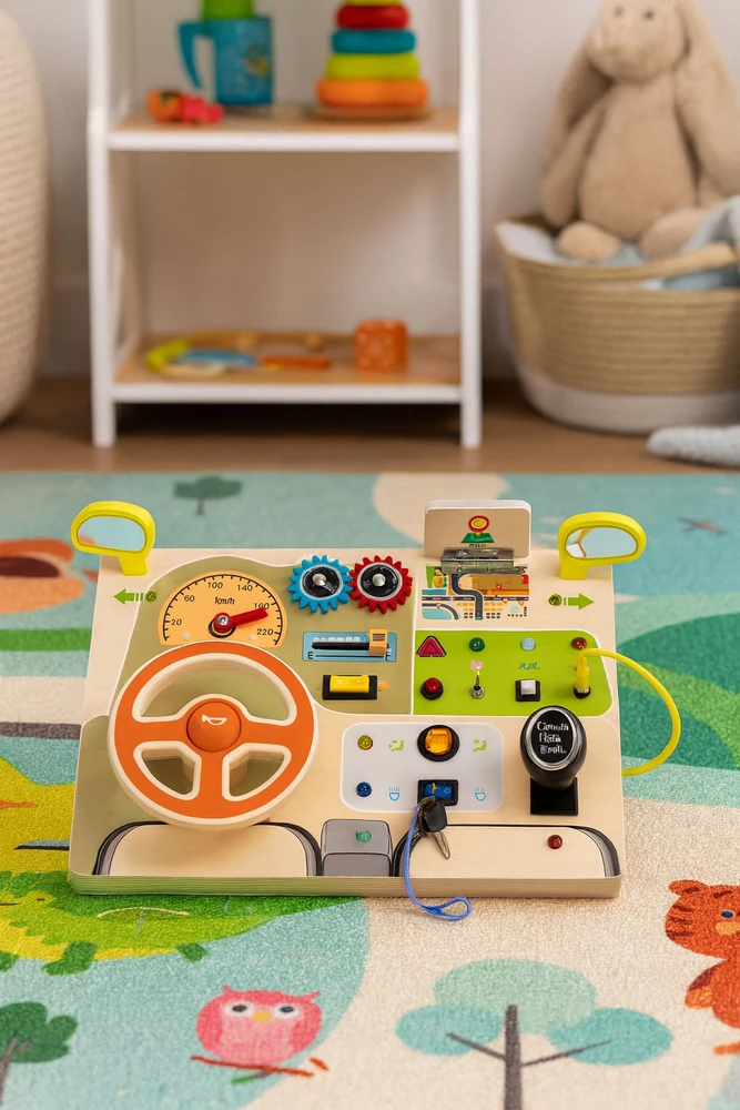 Ecotoys Medinė LED sensorinė lavinamoji lenta vaikams, edukacinis skydelis su automobilio vairu, 14 dalių