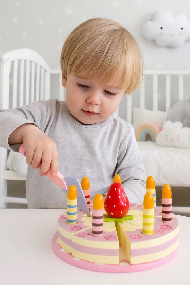Ecotoys Medinio Velcro torto rinkinys, vaisinės žvakės vaikams, 16 elementų