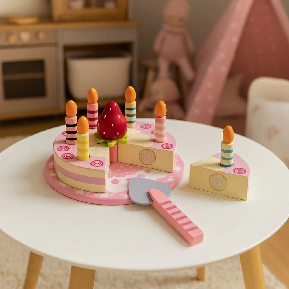 Ecotoys Medinio Velcro torto rinkinys, vaisinės žvakės vaikams, 16 elementų