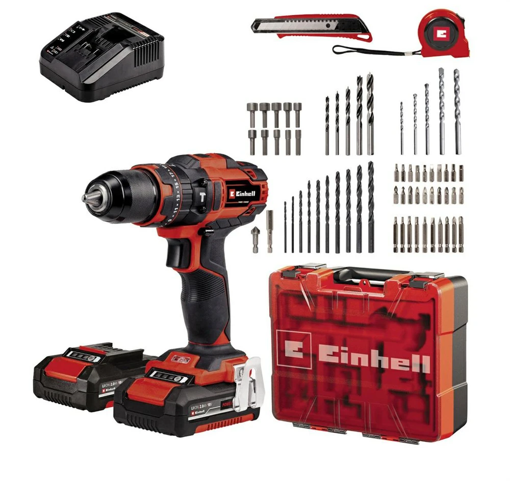 Einhell smūginis suktuvas gręžtuvas TE-CD 18/40 Li-i + 64 priedai (2×2,0Ah) 4513992