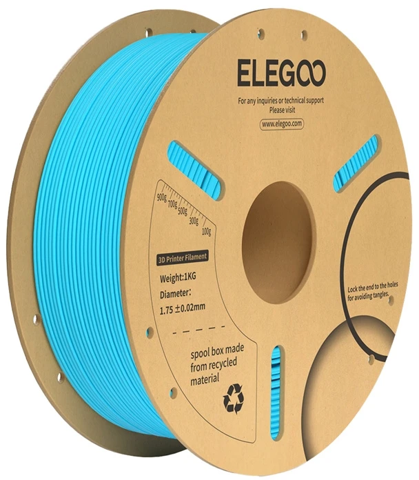 ELEGOO PLA+ mėlynas 3D siūlas ant kartoninės pakuotės