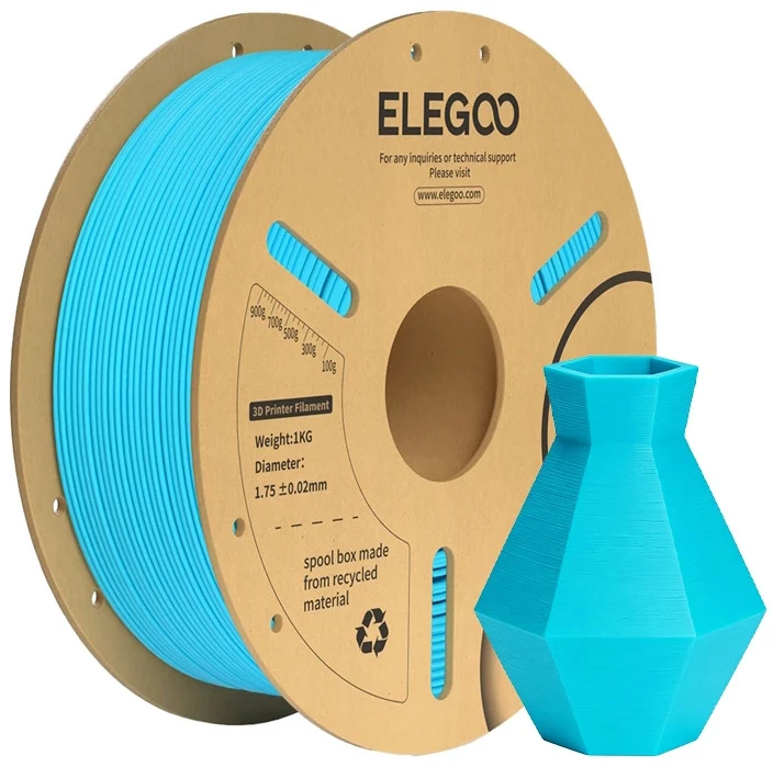 ELEGOO PLA+ mėlynas siūlas ir atspausdintas vazos modelis