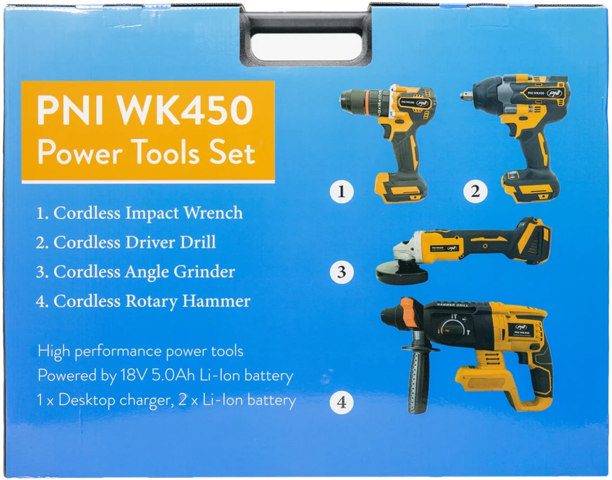 Elektrinių įrankių rinkinys PNI WK450 su 18V 5.0Ah akumuliatoriais, įkroviklis pridedamas