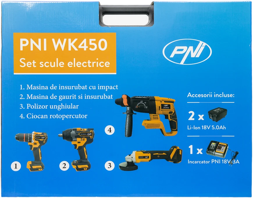 Elektrinių įrankių rinkinys PNI WK450 su 18V 5.0Ah akumuliatoriais, įkroviklis pridedamas