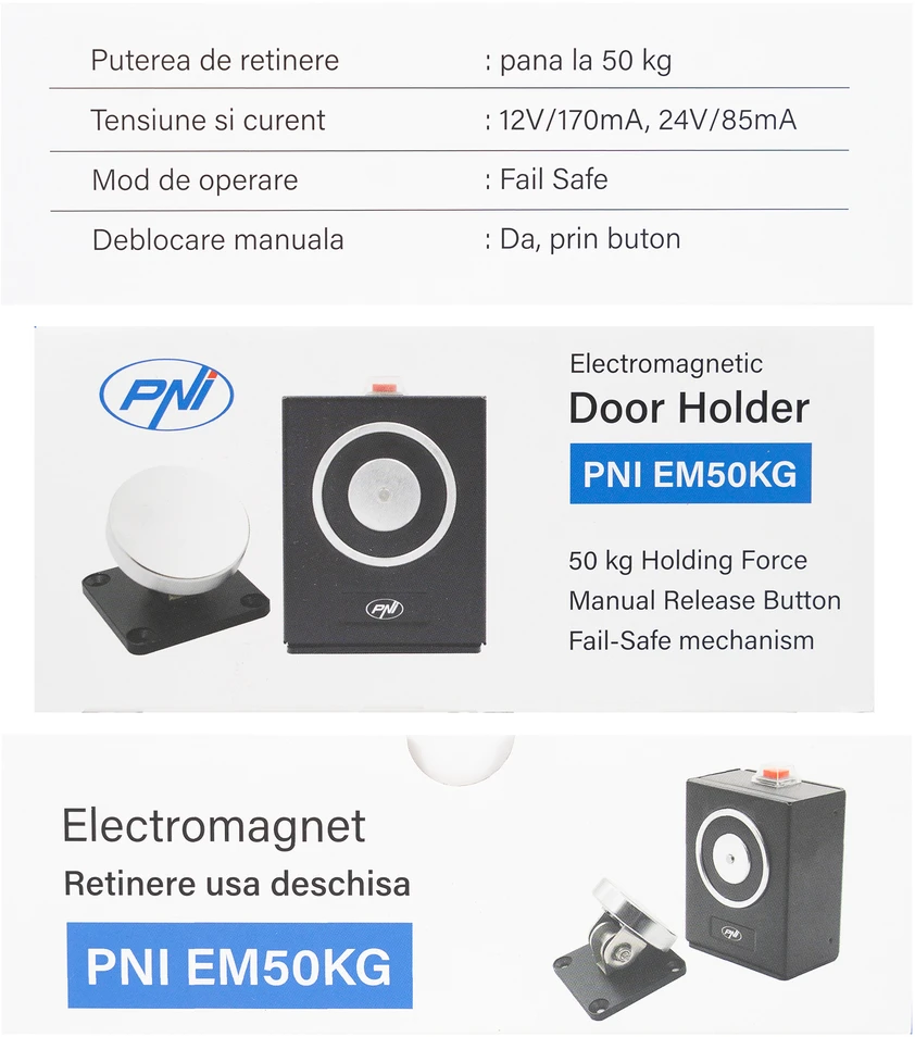 Elektromagnetas durims prilaikyti PNI EM50KG Fail safe, montuojamas ant sienos, 12/24V, laikymo jėga 50 kg