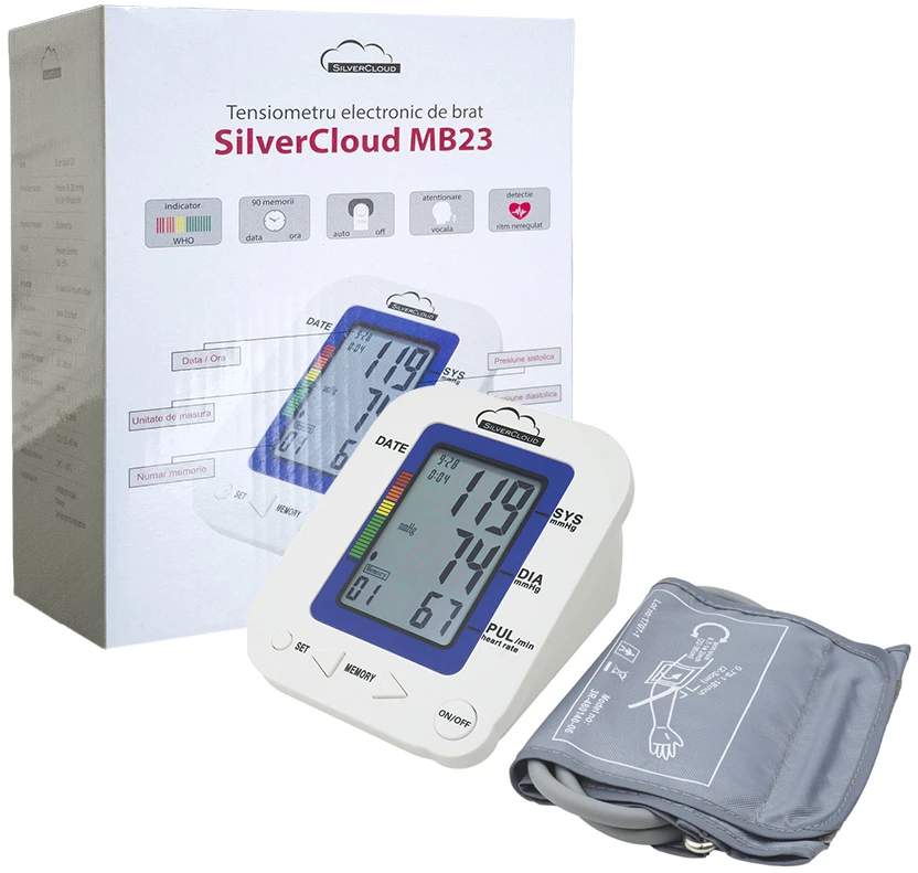 Elektroninis žastinis kraujospūdžio matuoklis SilverCloud MB23 su LCD ekranu, balso įspėjimo funkcija, širdies ritmo rodmenimis, manžete 22-36cm