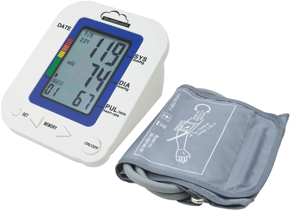 Elektroninis žastinis kraujospūdžio matuoklis SilverCloud MB23 su LCD ekranu, balso įspėjimo funkcija, širdies ritmo rodmenimis, manžete 22-36cm