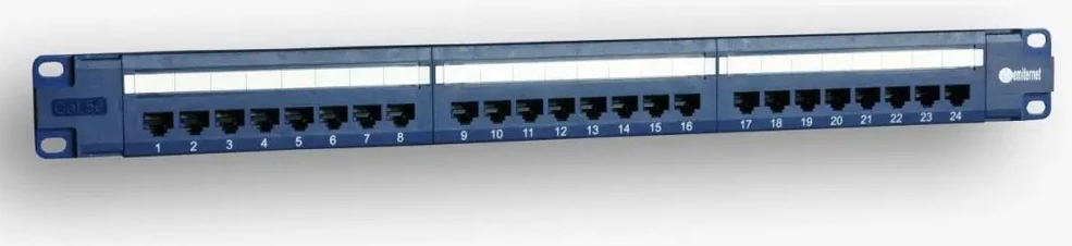 EmiterNet Panel 19″, 24xRJ45 UTP cat.5e (1U) with shelf, mėlynas (PoE)