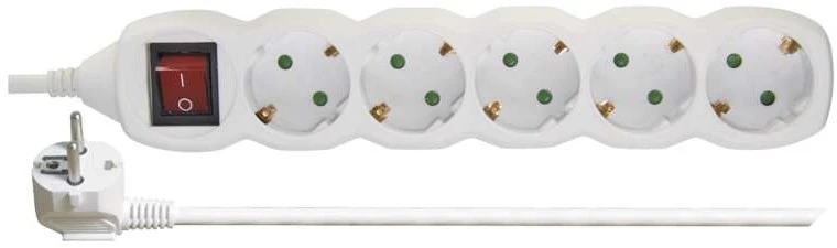 Emos Ilgiklis 5 lizdų 3.0m su įžeminimu, su jungikliu (baltas) 1.5mm²