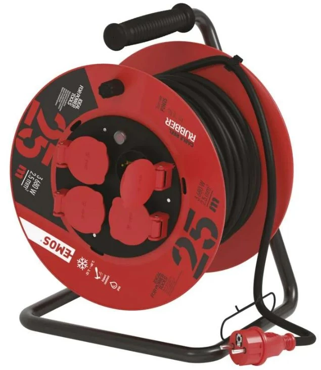 Emos Ilgiklis - ritė 4 lizdų 25m su įžeminimu, 2.5mm², 16A, 3680W, kabelis su gumine izoliacija H05RR-F3G, IP44