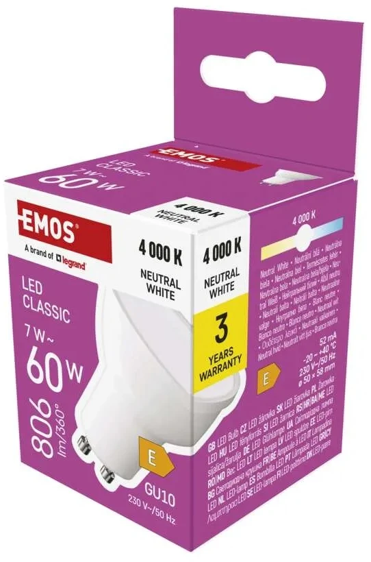 Emos LED lemputė GU10 230V MR16 7W 806lm, neutraliai balta, 4000K, 100°