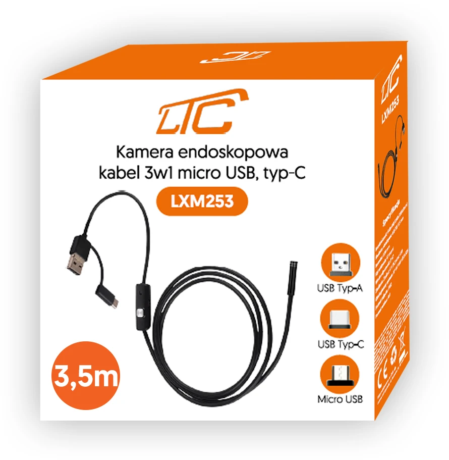 Endoskopo kamera 3,5 m objektyvas 8/7/5,5 mm USB-C/Micro-USB LTC