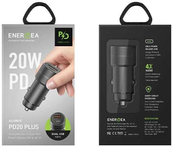 ENERGEA automobilinis įkroviklis 1xUSB+1xUSB-C PD-QC3.0 38W gunmetal Alu Drive PD20+