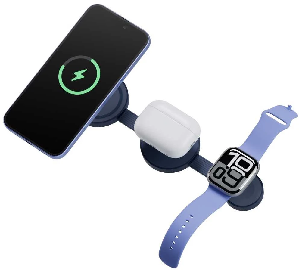 Energea Belaidis įkroviklis Bazic GoMag Trio 2 3in1 15W magnetic skirtas iPhone/Watch/AirPods mėlynos spalvos