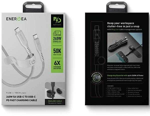ENERGEA Flow USB-C į USB-C Kabelis 1.5m Baltas 240W 5A PD Greitas įkrovimas