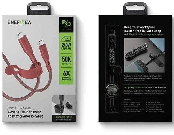 ENERGEA Flow USB-C į USB-C Kabelis 1.5m Raudona 240W 5A PD Fast Charge
