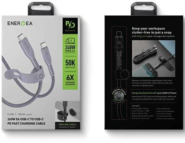 ENERGEA Flow USB-C į USB-C Kabelis 1.5m violetinės spalvos 240W 5A PD Fast Charge