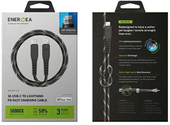 ENERGEA Nyloflex USB-C – Lightning Kabelis C94 MFI 1.5m juodos spalvos