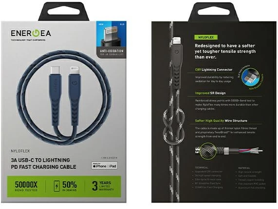 ENERGEA Nyloflex USB-C – Lightning Kabelis C94 MFI 1.5m mėlynas