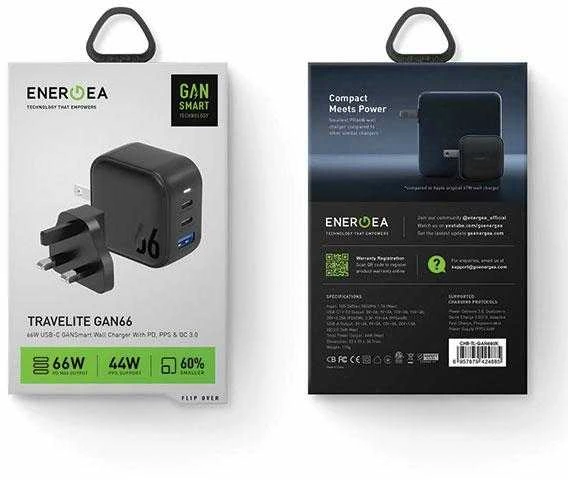ENERGEA Laidinis įkroviklis 1xUSB+2xUSB-CPD-PPS-QC 3.0 66W 2C1A juodos spalvos US+EU Travelite GAN66