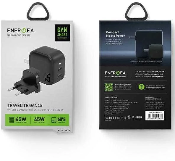 ENERGEA Laidinis įkroviklis 2xUSB-C PD-PPS 45W 2C juodos spalvos US+EU Travelite GAN45