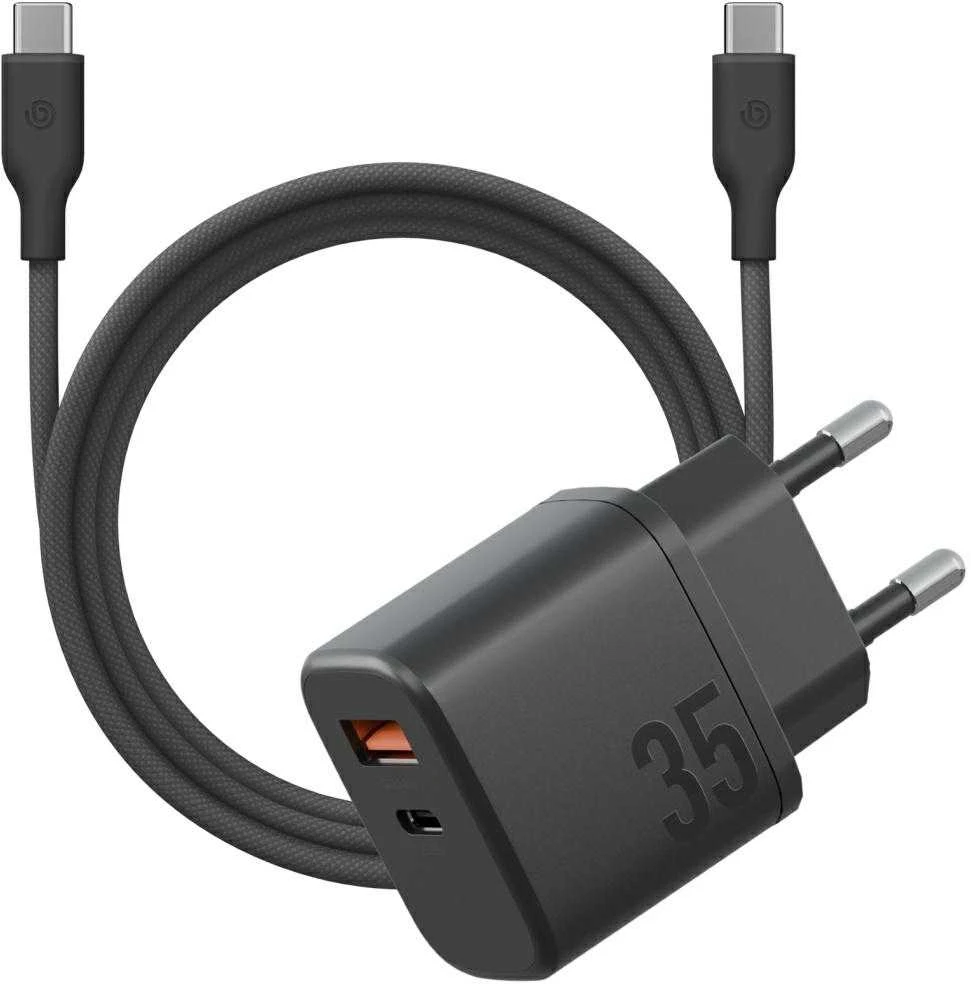 Energea Laidinis įkroviklis Bazic Goport Velox Kit 1xUSB-C 1xUSB-A GaN 35W with cable juodos spalvos