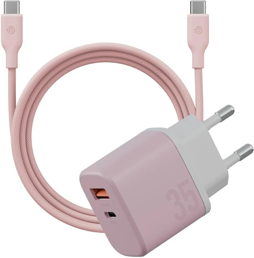 Energea Laidinis įkroviklis Bazic GoPort Velox Kit USB-C/USB-A GaN 35W su kabeliu, rožinis