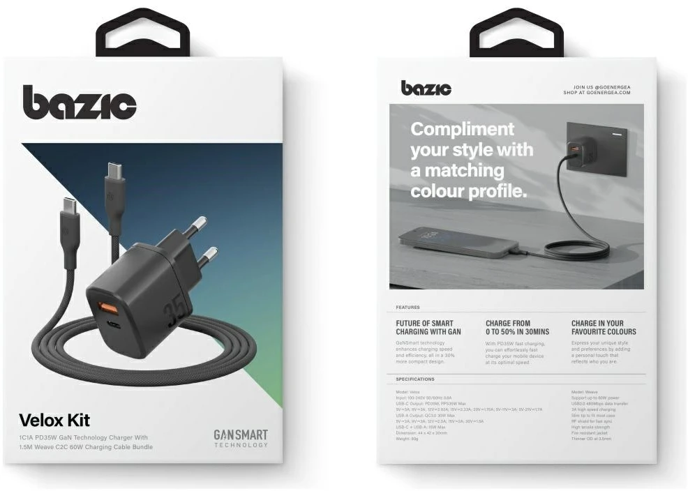 Energea Laidinis įkroviklis Bazic Goport Velox Kit 1xUSB-C 1xUSB-A GaN 35W with cable juodos spalvos
