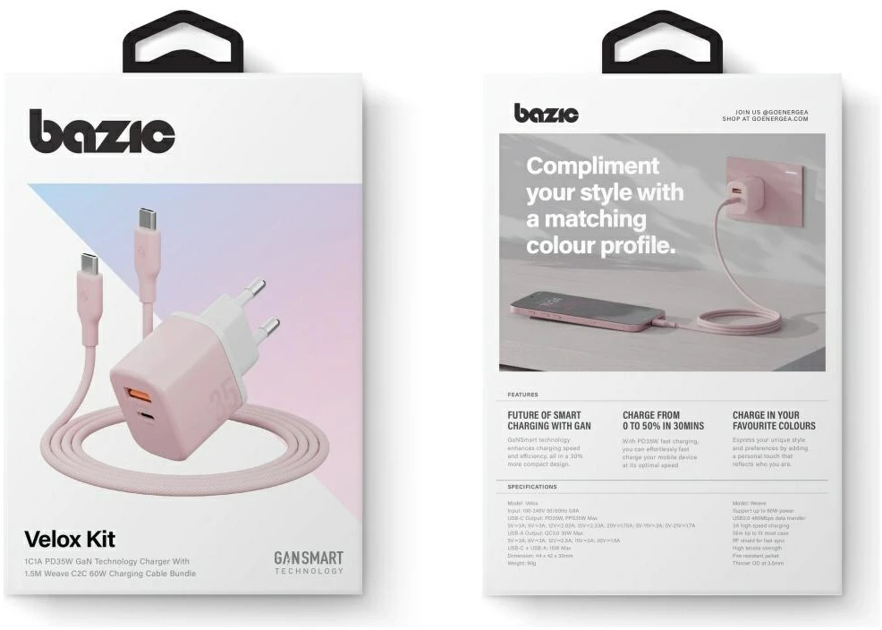 Energea Laidinis įkroviklis Bazic GoPort Velox Kit USB-C/USB-A GaN 35W su kabeliu, rožinis