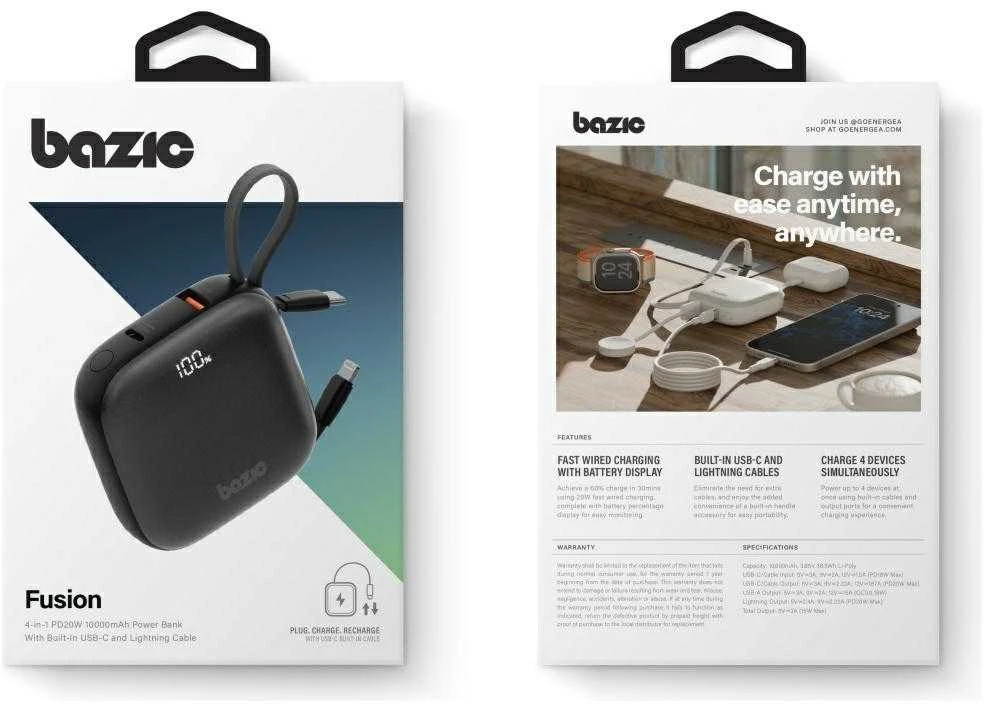 Energea PowerBank 4w1 Bazic Fusion 10000mAh PD20W USB-C/Lightning juodos spalvos