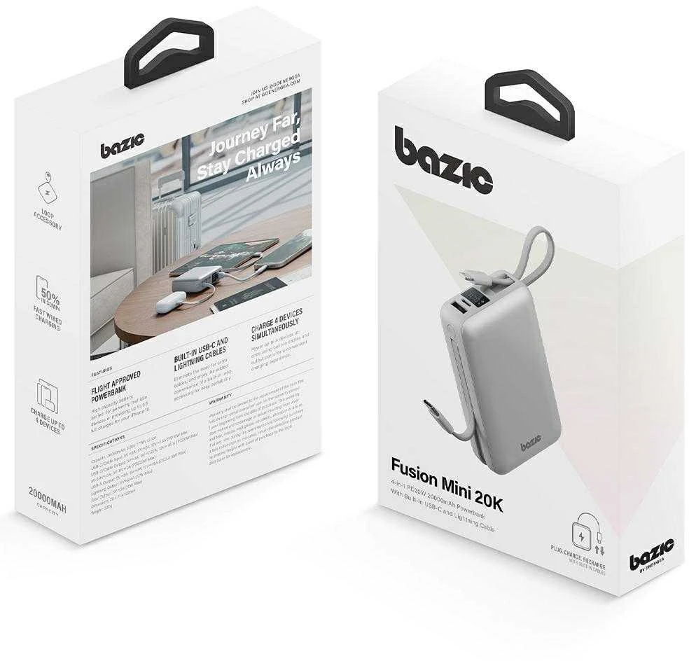 Energea PowerBank 4in1 Bazic Fusion Mini 20000mAh cable USB-C/Lightning pilkos spalvos