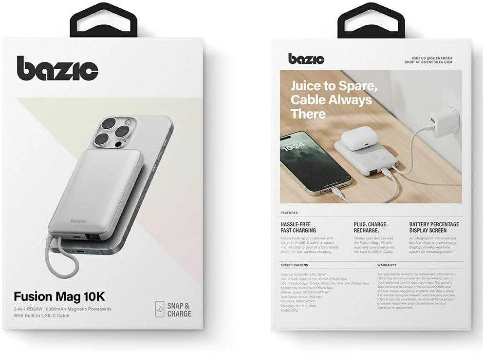 Energea PowerBank Bazic Fusion Mag 10000mAh MagSafe Cable USB-C pilkos spalvos