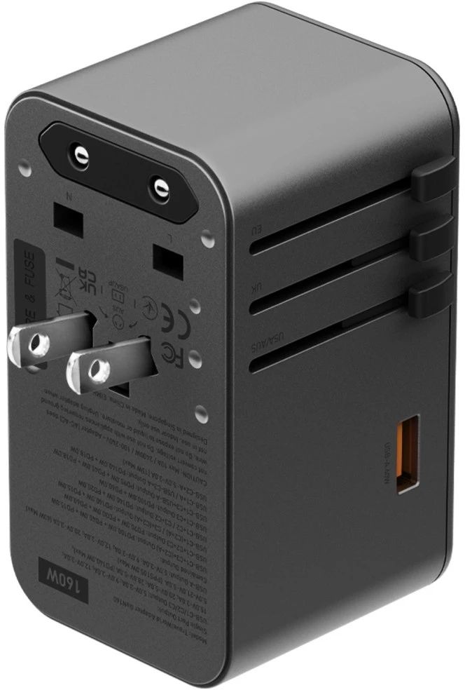 Energea TravelWorld adapteris GaN 160W PD 3x USB-C / USB-A Gunmetal sieninis įkroviklis