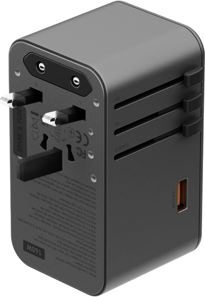 Energea TravelWorld adapteris GaN 160W PD 3x USB-C / USB-A Gunmetal sieninis įkroviklis