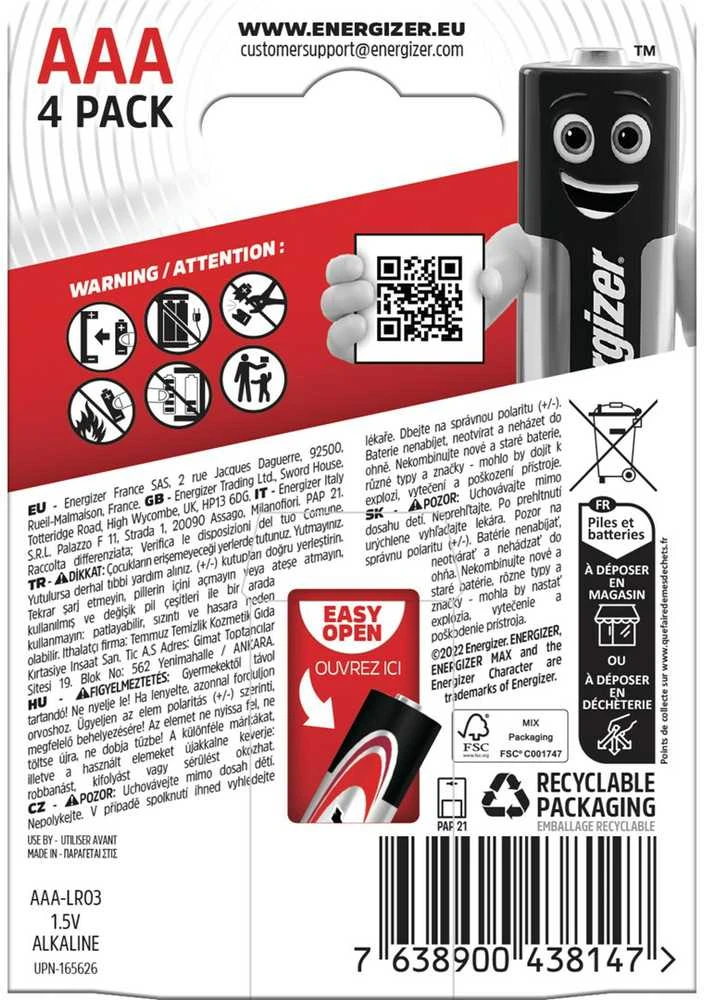 Energizer Max 438144 baterija AAA LR03 4 vnt.
